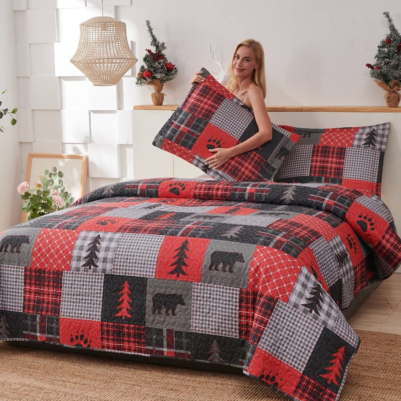 JessyHome King Size Quilt Set Rustic Quilt Bedding King Quilt Bed Spread Coverlet Plaid Quilts Red Black Patchwork Bedding Country Lodge Cabin Bear Quilts Lightweight Reversible Home Quilt with 2 Pillow Shams - Image 2